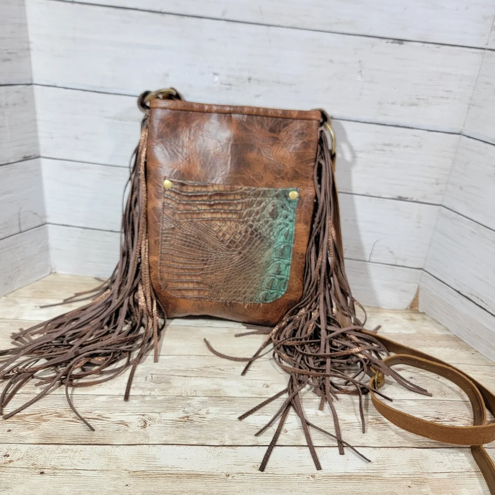 Brown Fringe Crossbody Bag with Croc-Embossed Accent *READ*